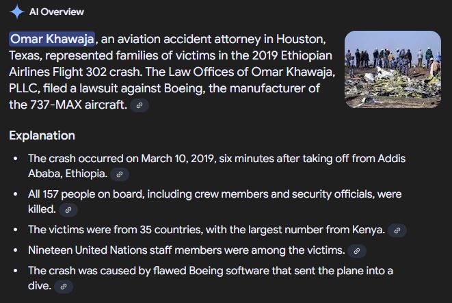 Google's AI showing Attorney Omar Khawaja's involvement in the 2019 Ethiopian Airlines Flight 302 crash.